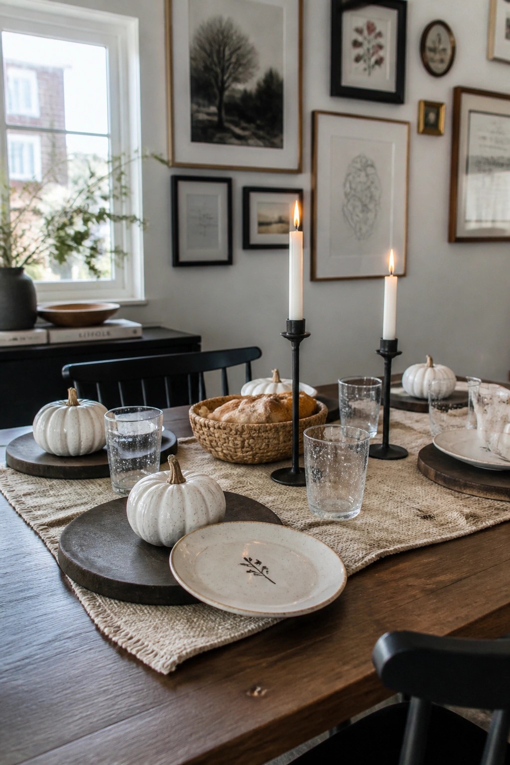 A farmhouse dining table set with white pumpkins on round wooden chargers, lit taper candles, a burlap runner, and speckled glassware.