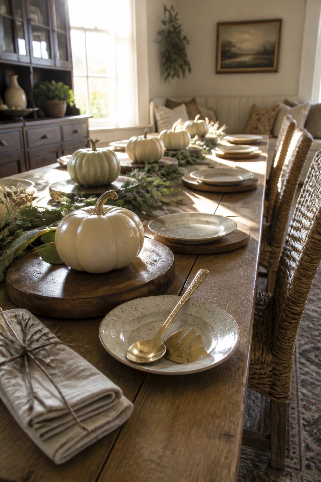 A wooden dining table set for fall with white pumpkins on round wood chargers, speckled ceramic plates, gold utensils, and linen napkins.