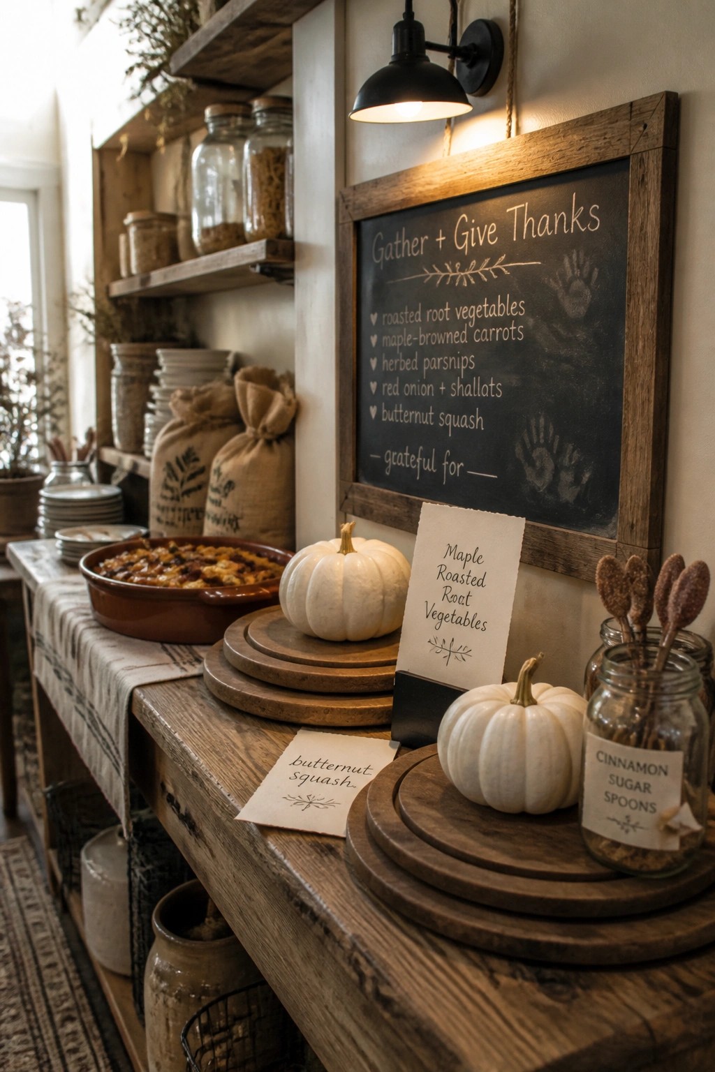 Rustic wooden table with white pumpkins, casserole, chalkboard menu, and jars.