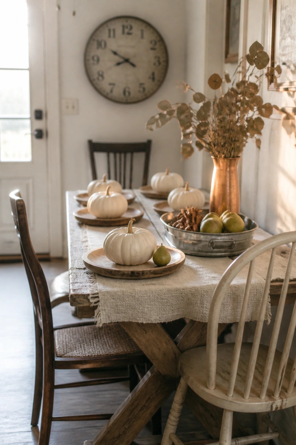 Rustic dining table with white pumpkins, pears, dried flowers, and vintage clock.