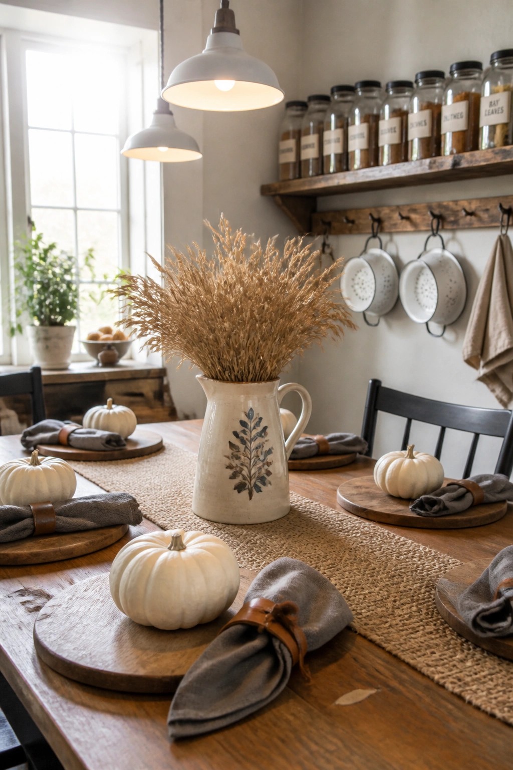 Rustic fall table with white pumpkins, dried wheat in pitcher, and gray napkins.