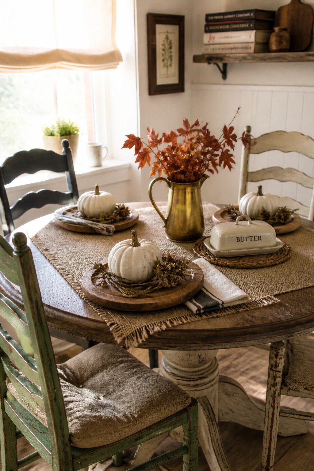 A round wooden dining table set for fall with white pumpkins on wooden chargers, a burlap runner, a brass pitcher holding red leaves, and a white butter dish.