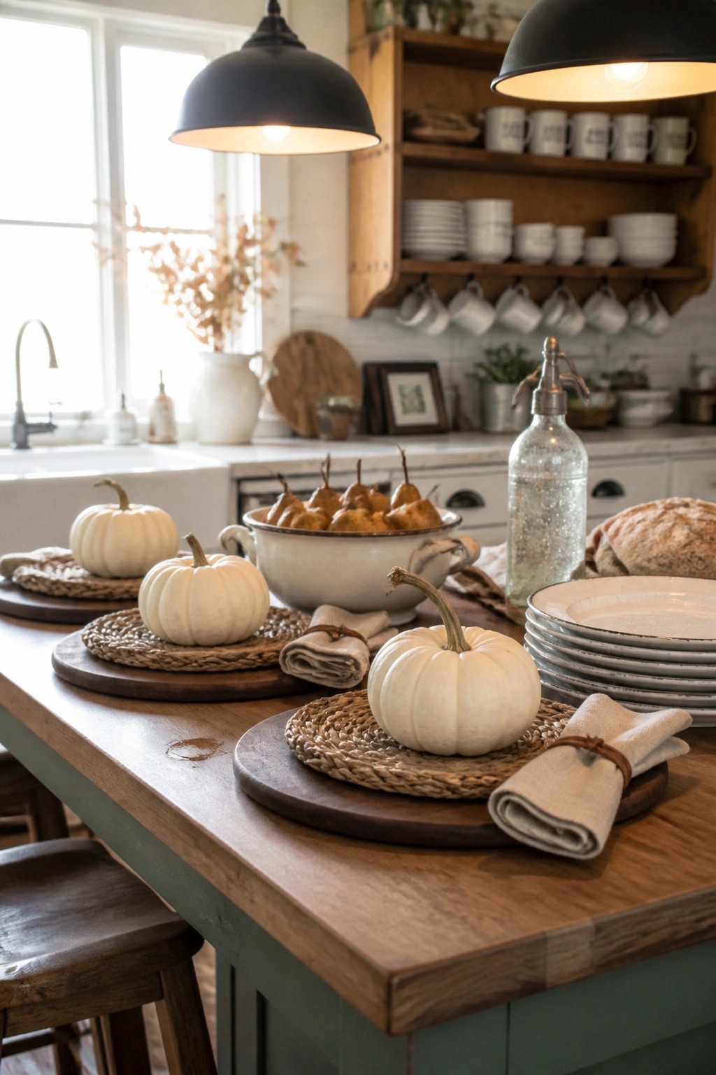 Rustic kitchen island with white pumpkins, pears in bowl, stacked plates, and pendant lights.