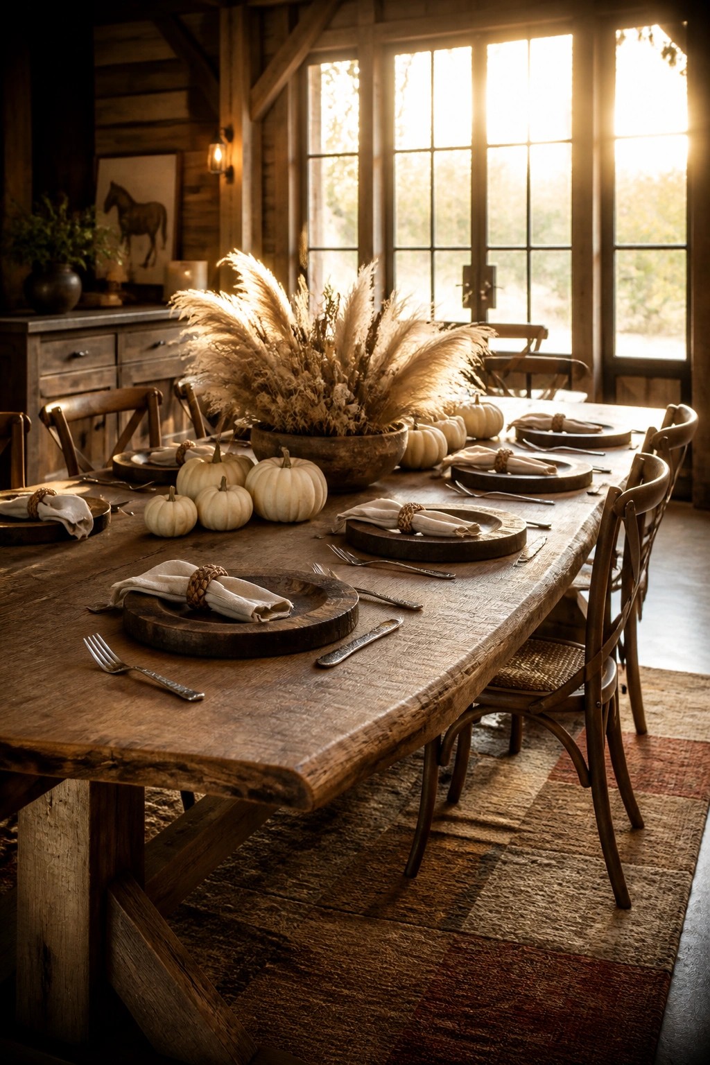 A rustic wooden dining table set with white pumpkins, dried grass in a bowl, and place settings on round wood chargers inside a room with large windows.