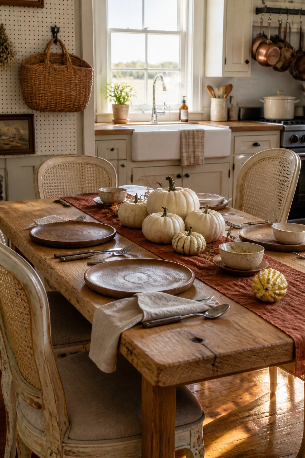 A long wooden farmhouse table set with round wood chargers, white pumpkins along a rust runner, and mixed rustic chairs.