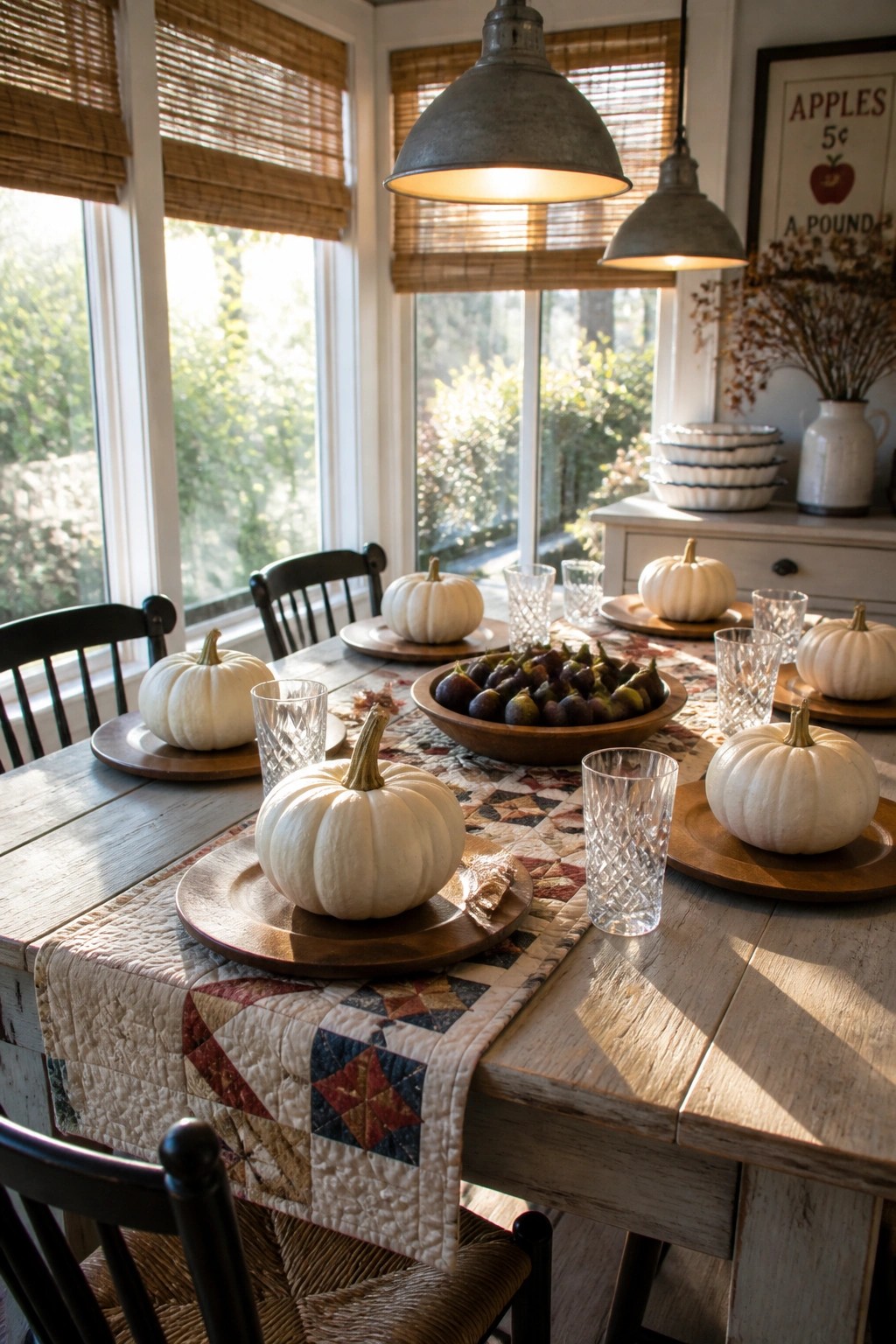 A wooden dining table set with white pumpkins on round wood chargers, a quilted table runner, and clear glassware near large windows.