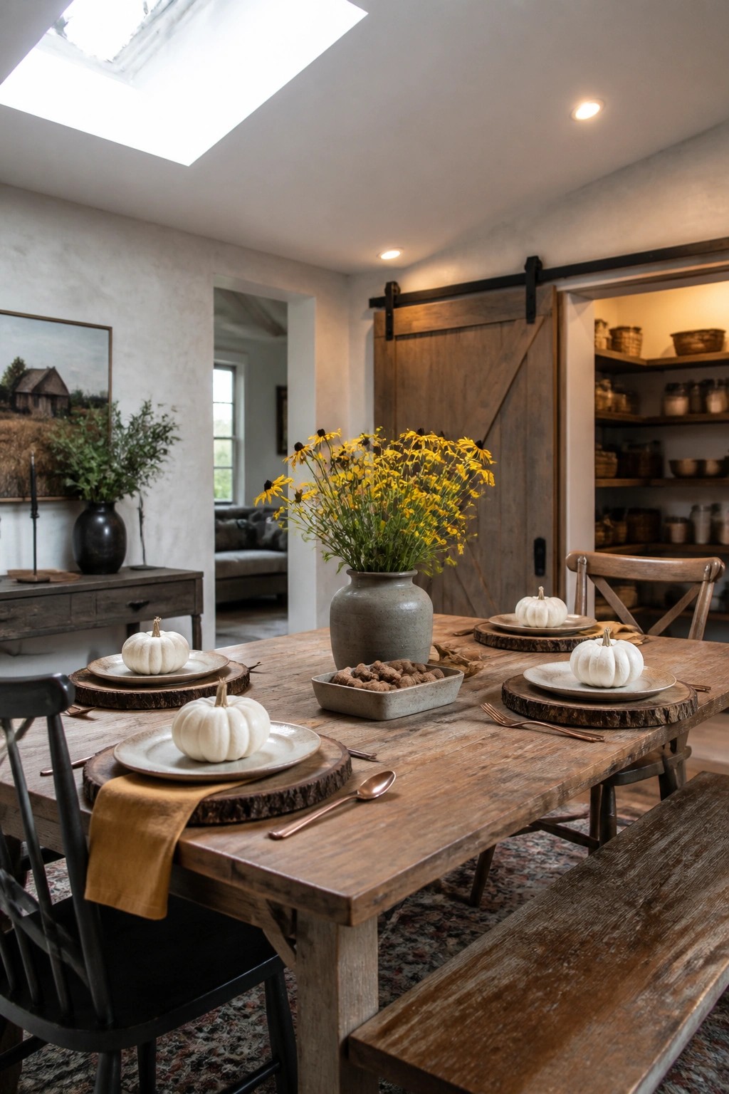 A rustic wooden dining table set with plates on wood chargers, small white pumpkins, a bowl of nuts, and a large gray vase of yellow flowers.