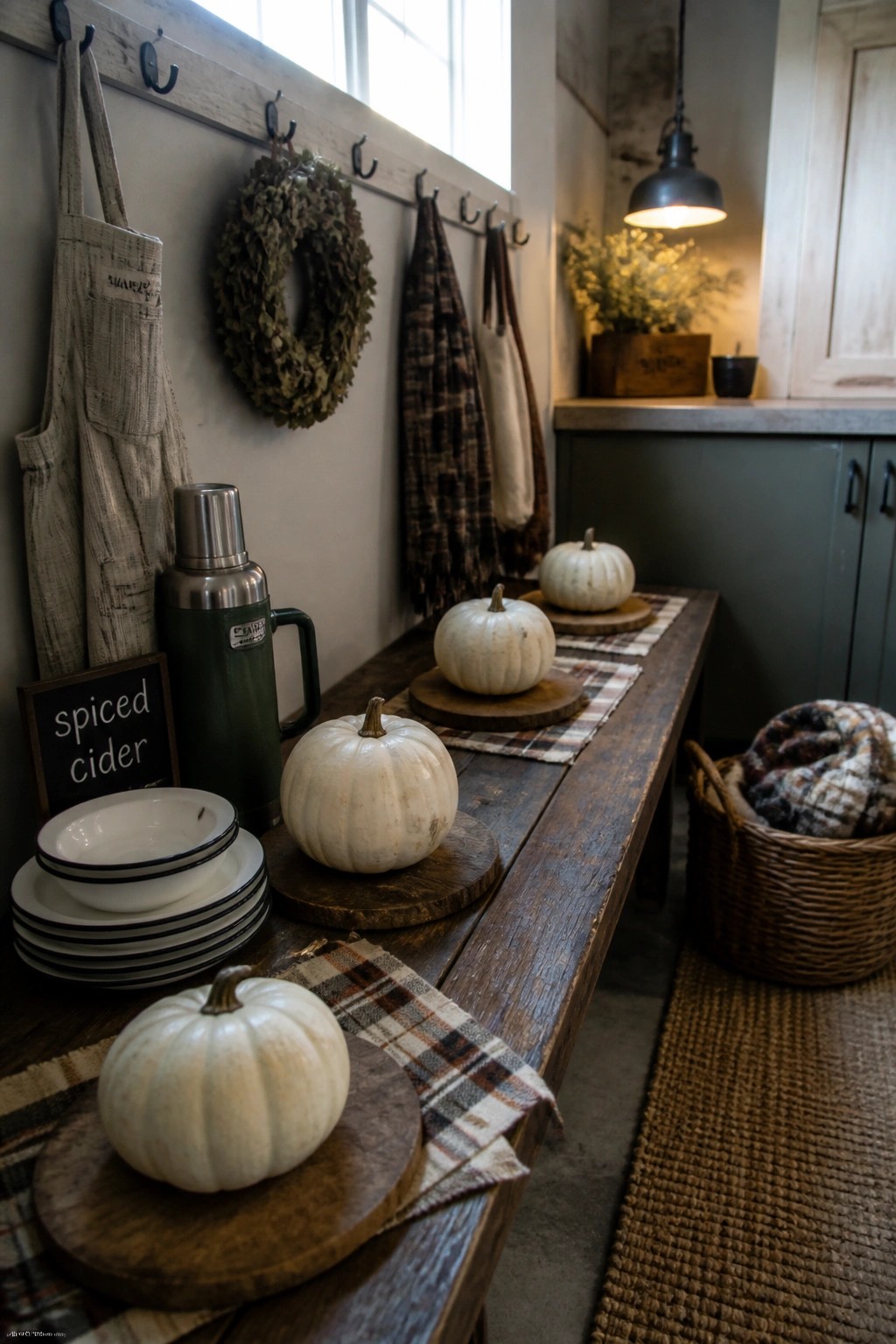 A rustic wooden table in a farmhouse interior holds white pumpkins on round wood chargers along with a green thermos, stacked bowls, and plaid textiles.