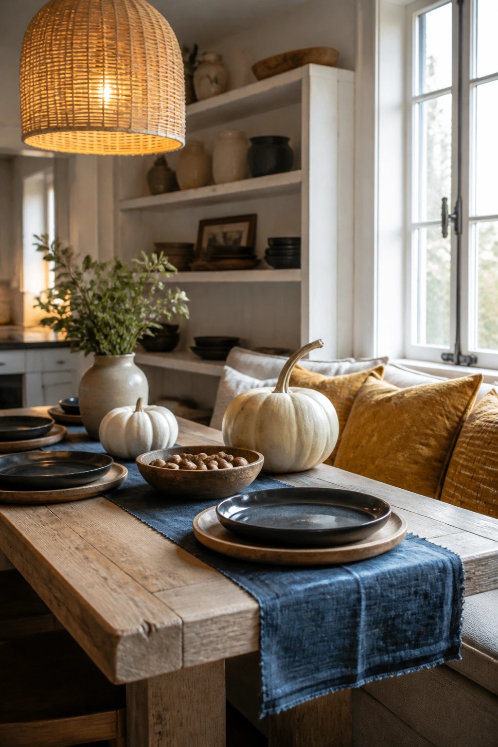 A wooden dining table with a blue runner, wood chargers under black plates, white pumpkins, and a wooden bowl of nuts, set in a bright room with open shelves and a window seat.