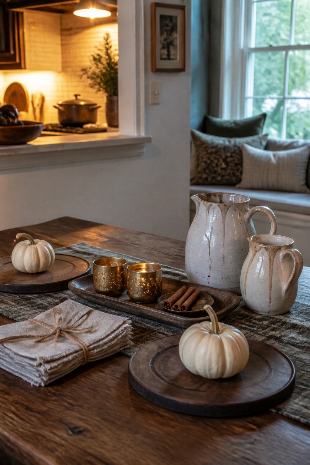 A wooden dining table arranged with round wood chargers holding small white pumpkins, ceramic pitchers, brass candle holders, folded linen napkins, and a few cinnamon sticks.