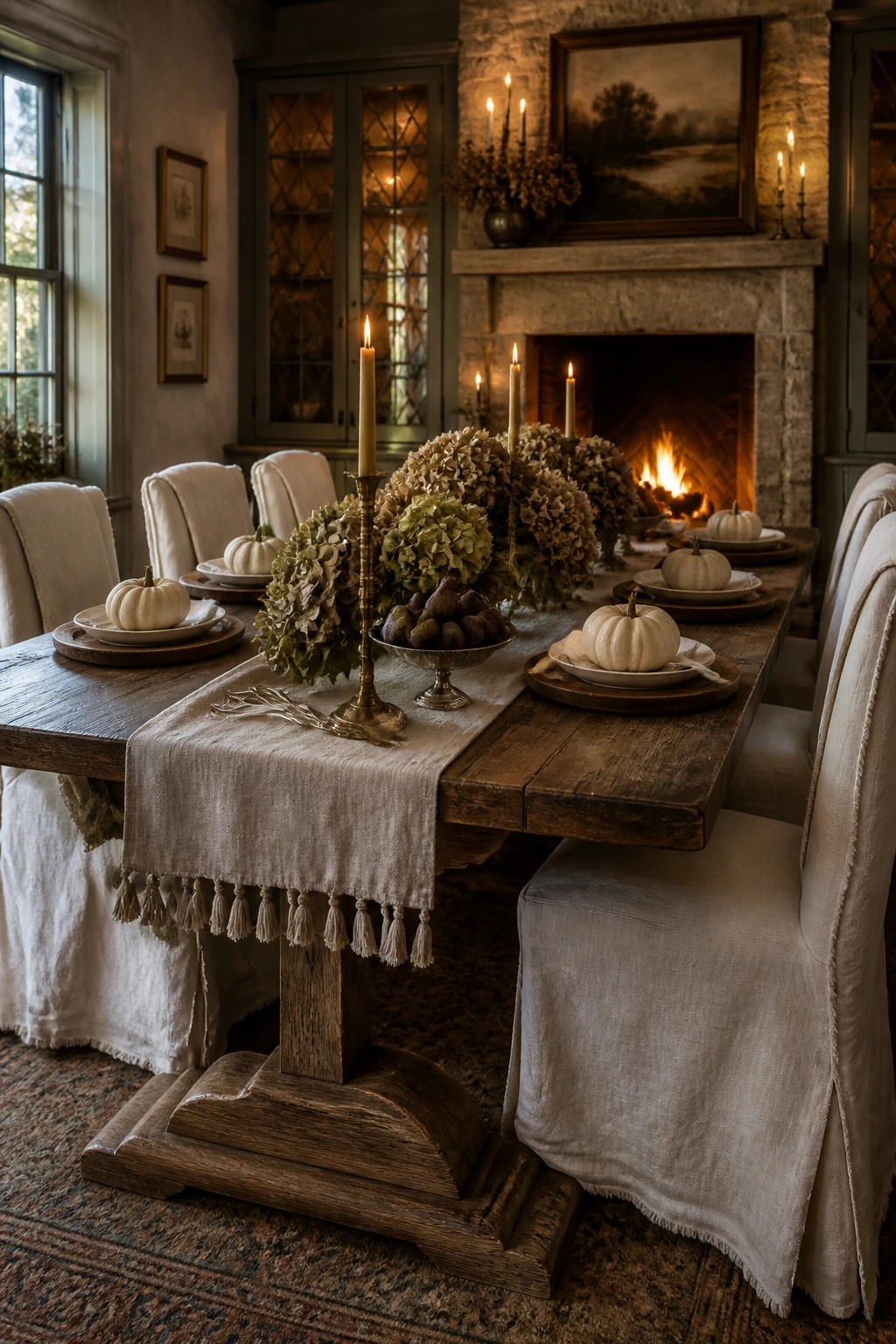 A rustic wooden dining table set with white pumpkins on round wood chargers, a tasseled linen runner, brass candlesticks, and dried hydrangeas, positioned in front of a stone fireplace.
