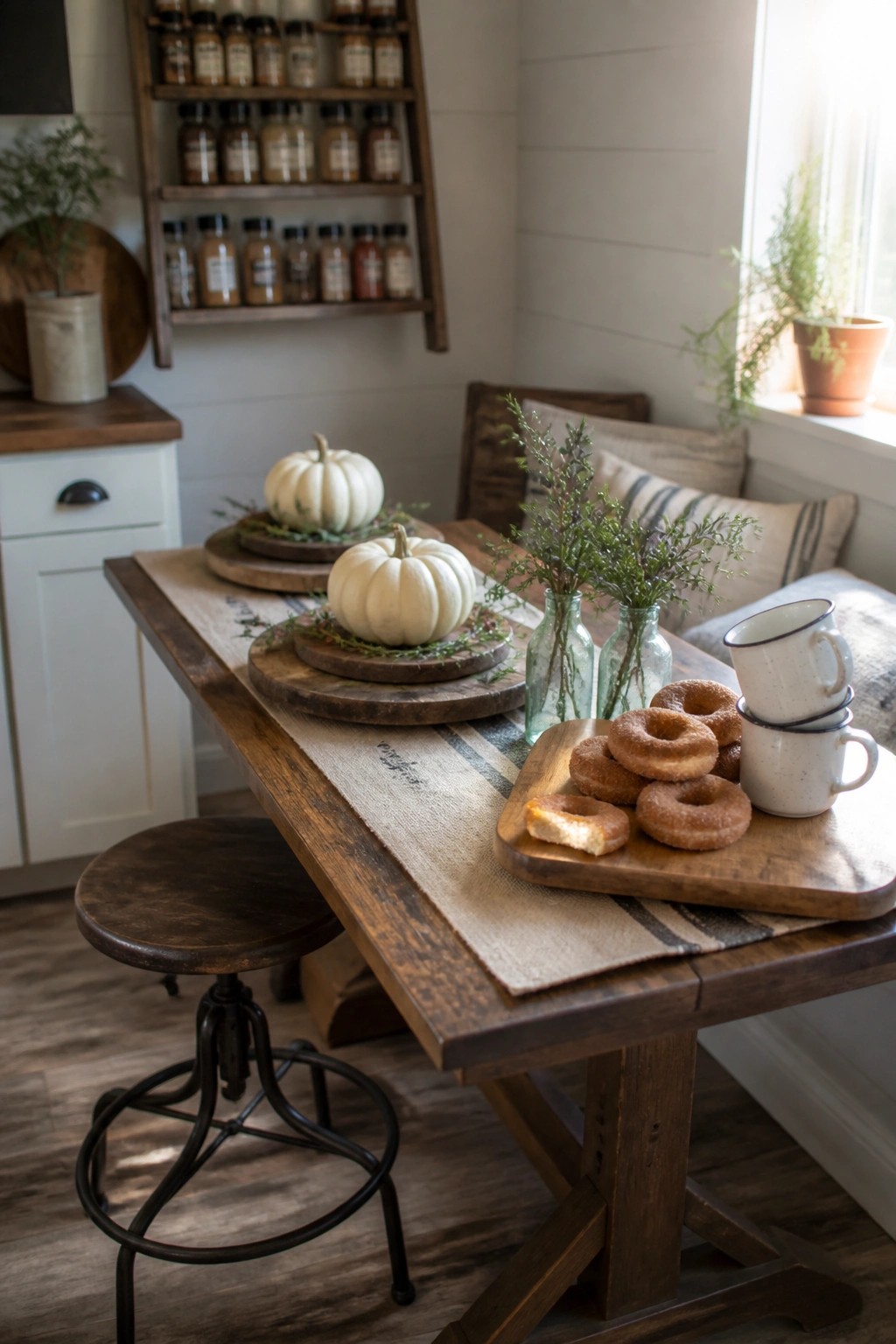A wooden farmhouse table with white pumpkins placed on round wooden chargers, a striped burlap runner, and glass bottles with greenery.