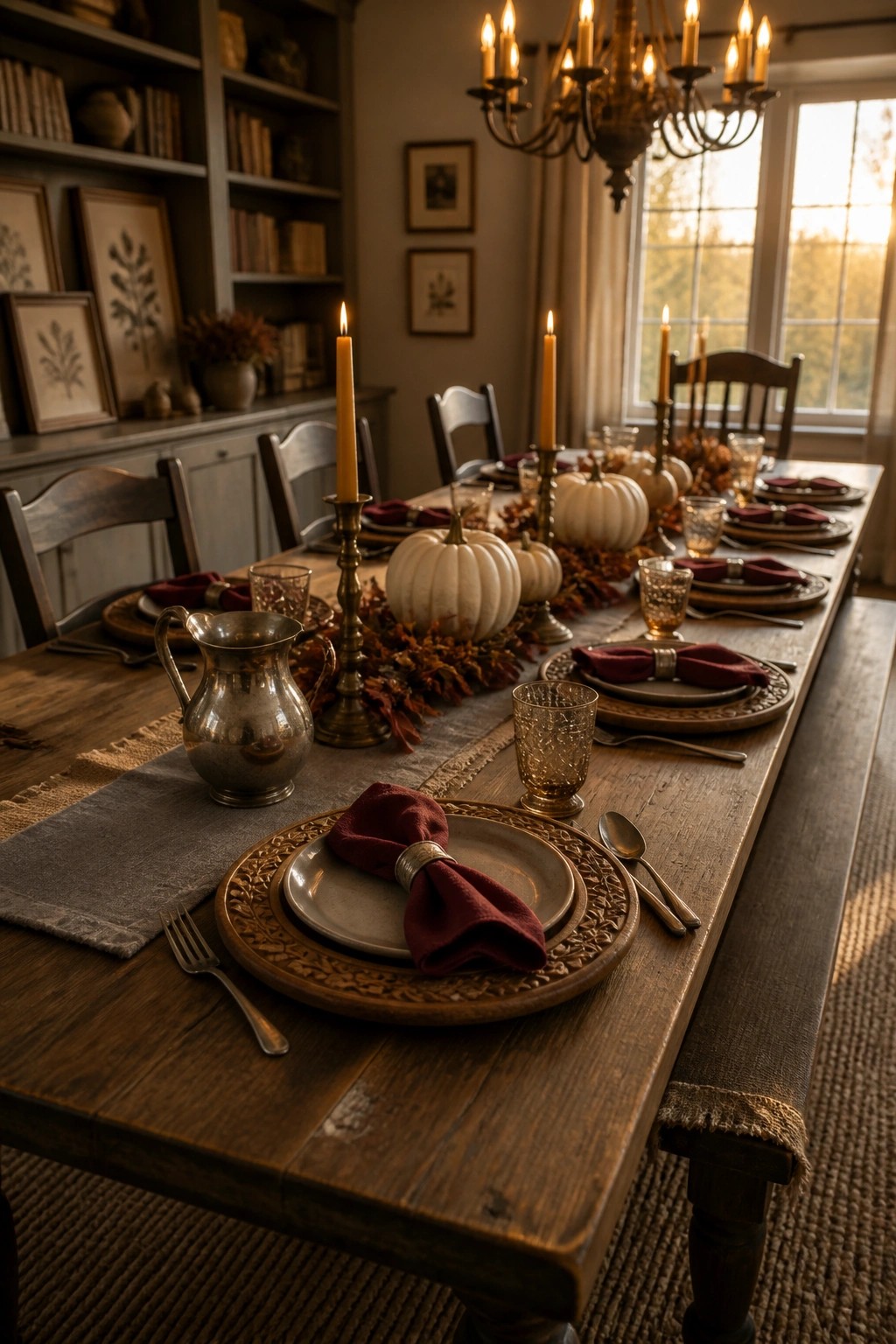 A long wooden dining table set for fall with wood chargers, white pumpkins down the center, red napkins, and lit taper candles.
