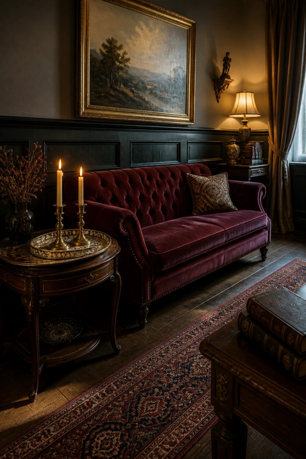 A deep red velvet tufted sofa sits in a room with dark wood paneling, two lit candles on a nearby table, and a large landscape painting above.