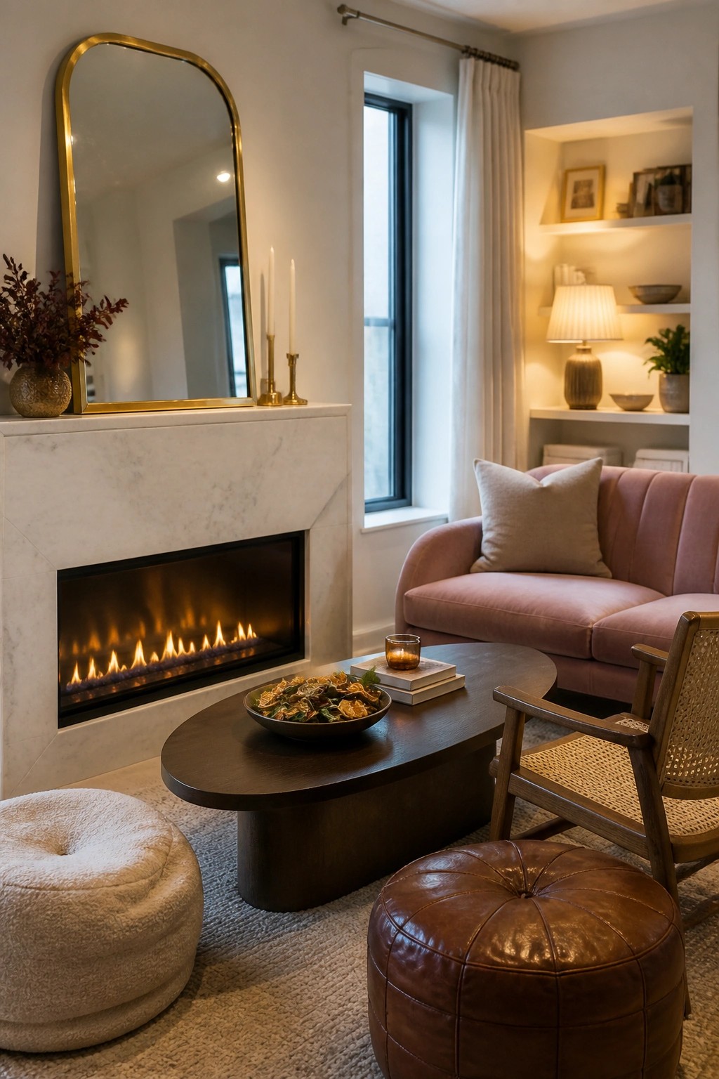 A living room with a marble fireplace surround, lit fire, pink velvet sofa, dark oval coffee table, and mixed seating including a leather ottoman and boucle pouf.