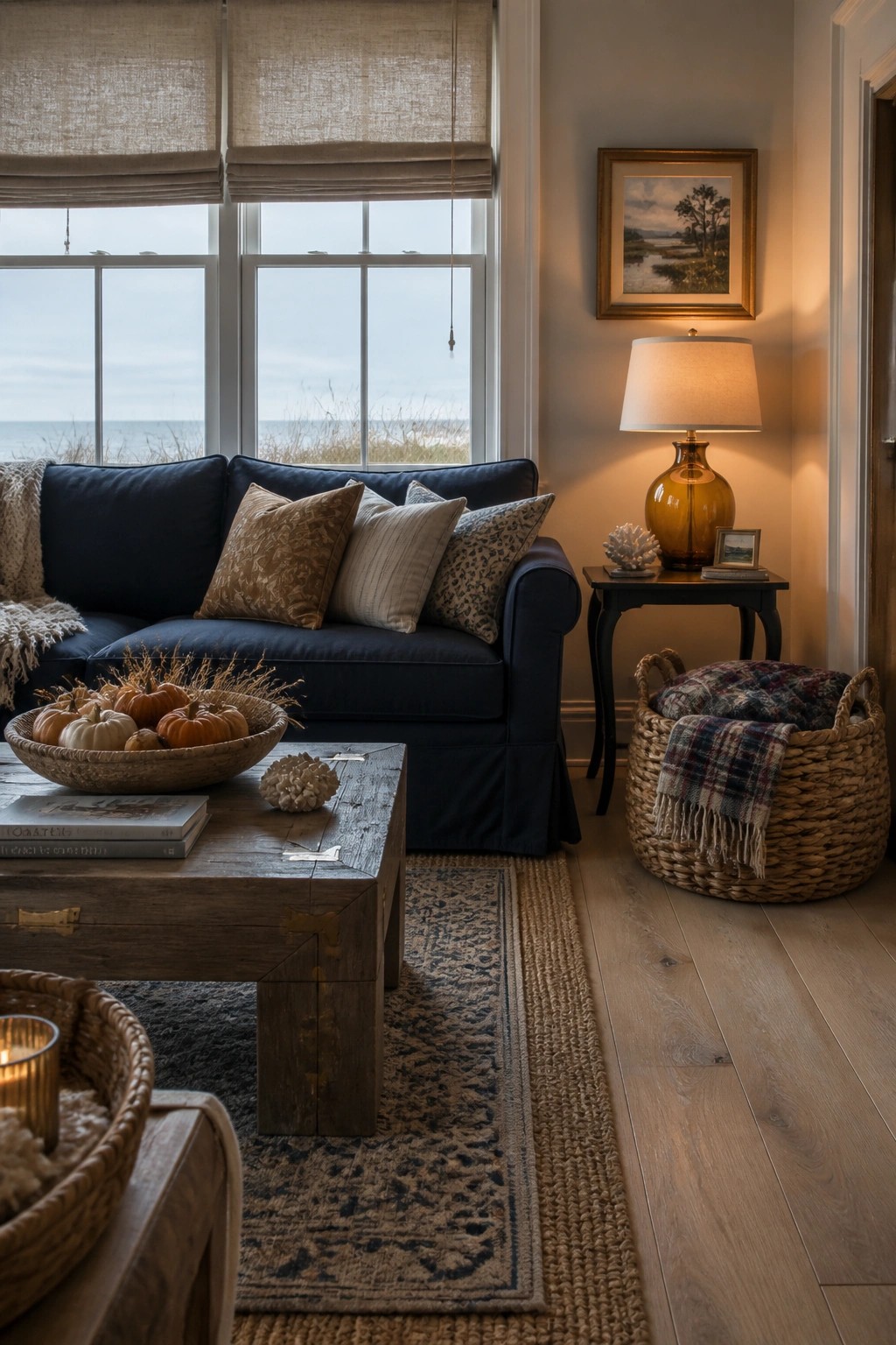 A living room featuring a navy sofa, wooden coffee table with a bowl of small pumpkins, and a large woven basket holding a plaid throw beside a lit table lamp.