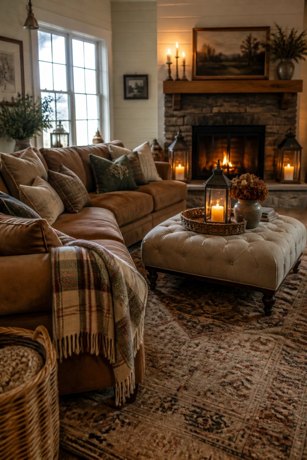 Cozy living room with brown leather sofa, tufted ottoman, and stone fireplace with candles.