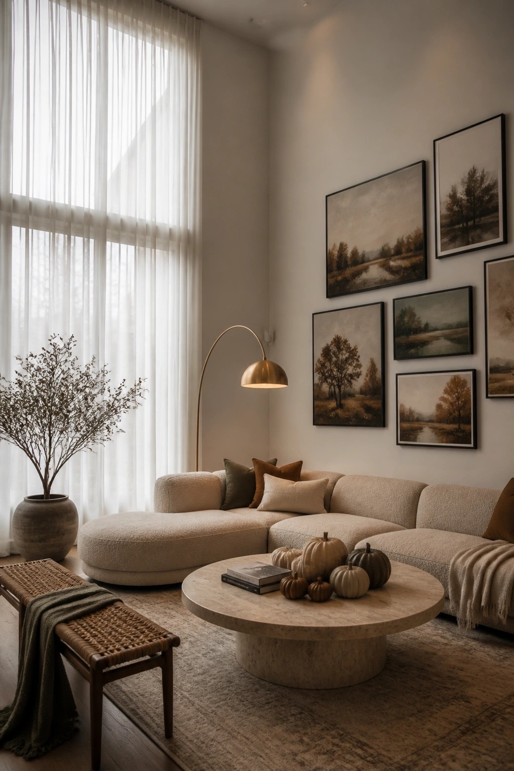 A modern living room with a curved beige sectional sofa, round marble coffee table holding small pumpkins and books, gallery wall of landscape prints, large window with sheer curtains, and a potted plant on the left.