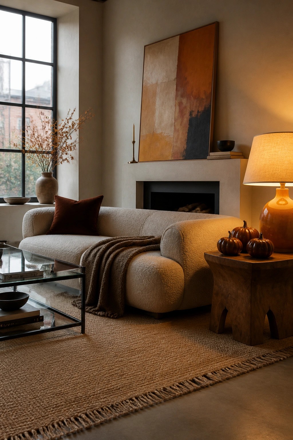 A neutral living room with a boucle sofa, brown throw blanket, abstract painting above a fireplace, and several small pumpkins on a wooden side table next to a lit lamp.