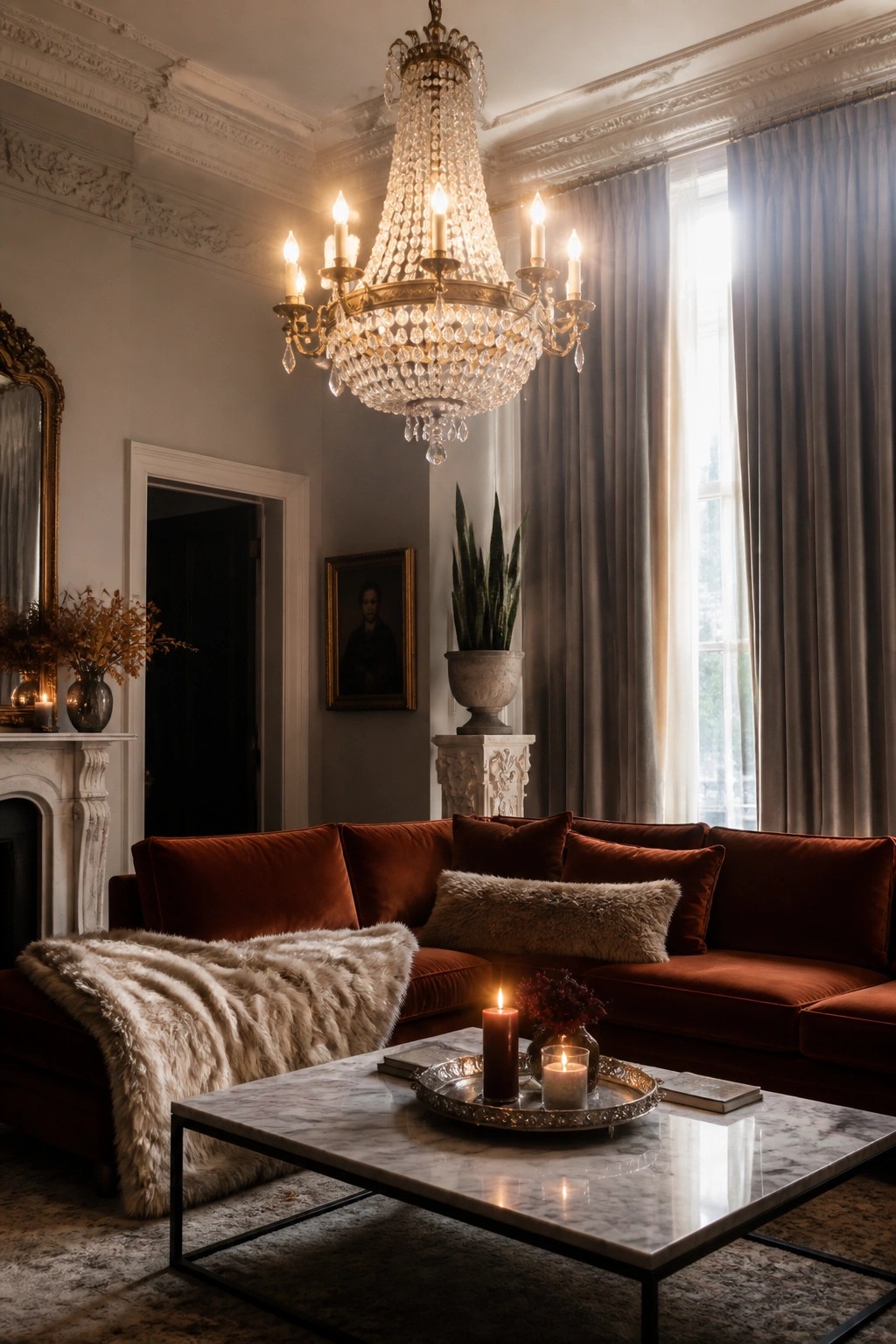 A living room with a large rust-colored velvet sectional sofa, marble coffee table holding lit candles, and a crystal chandelier above.