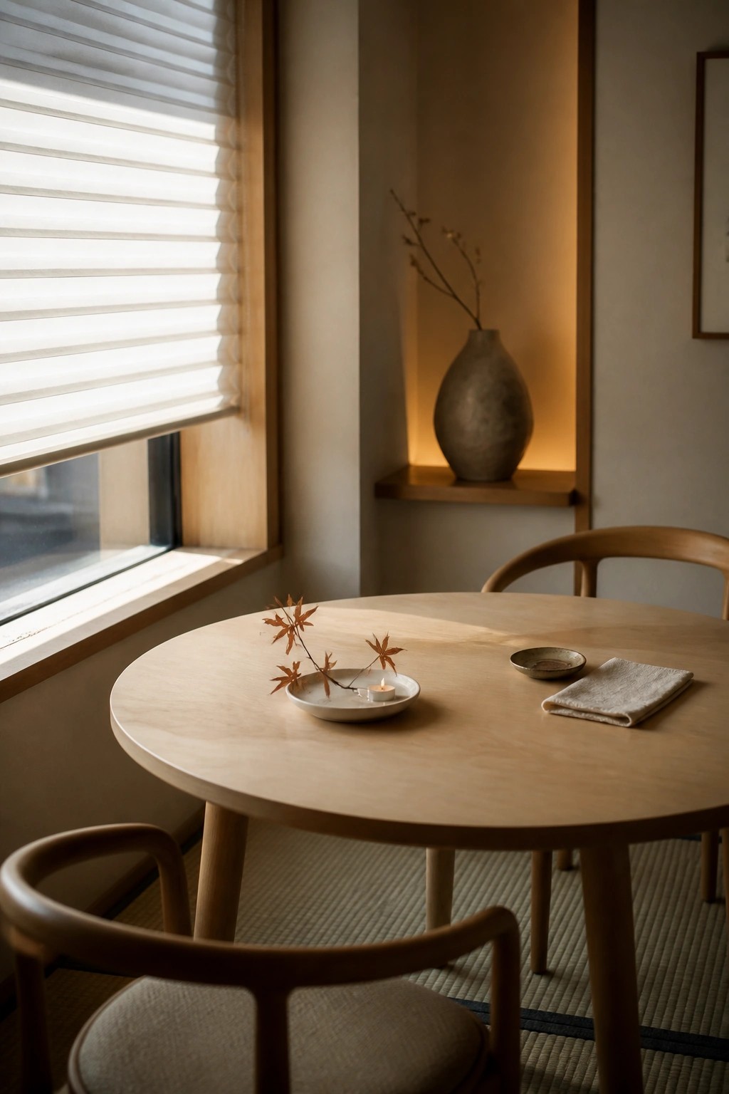 A round wooden dining table with a small white dish holding autumn leaves and a lit candle, plus a folded cloth and small bowl on the right side.