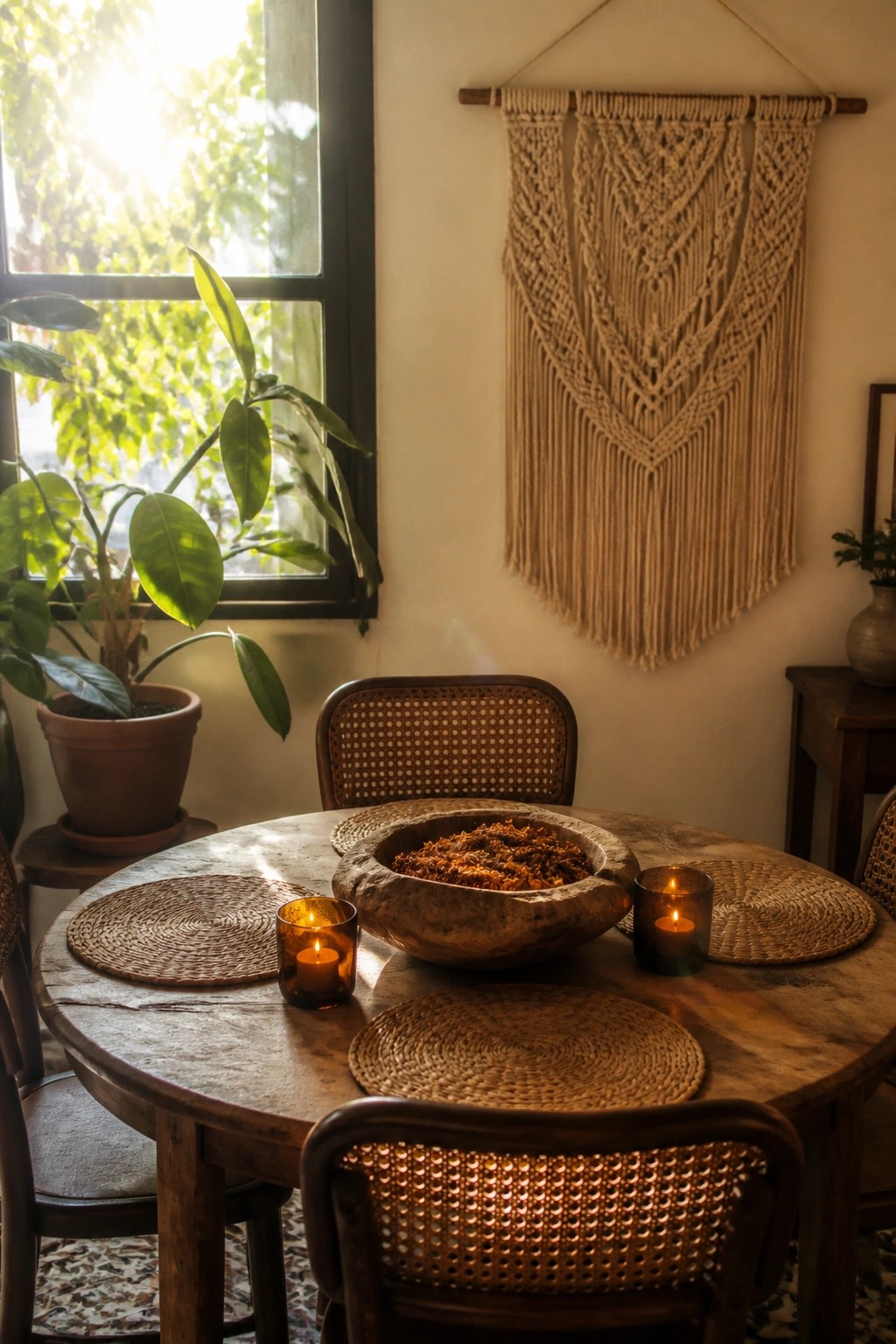 A round wooden dining table with a large rustic bowl filled with fall elements at the center, surrounded by woven placemats and lit candles, with a macrame wall hanging and potted plants nearby.