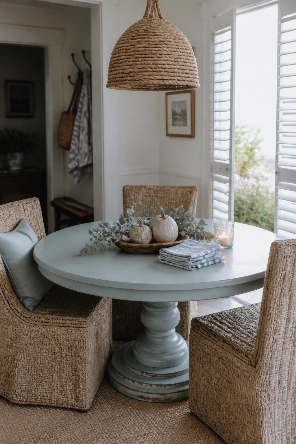 A round light blue dining table with a low wooden bowl holding small white pumpkins and greenery, surrounded by woven chairs in a bright room with a large woven pendant light overhead.