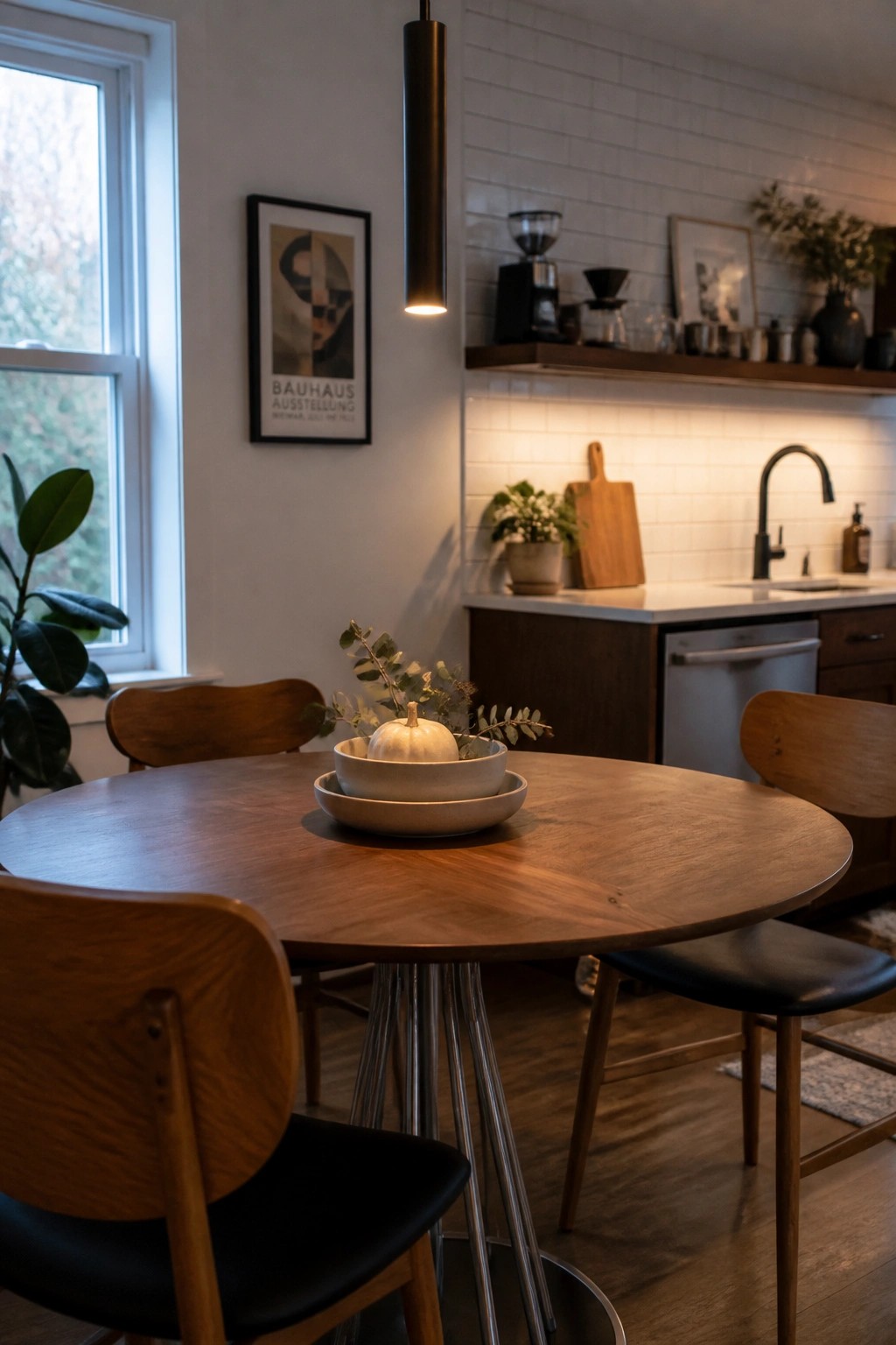 A round wooden dining table with a low centerpiece of stacked bowls holding a small white pumpkin and greenery, set in a kitchen with wood chairs and white tile backsplash.