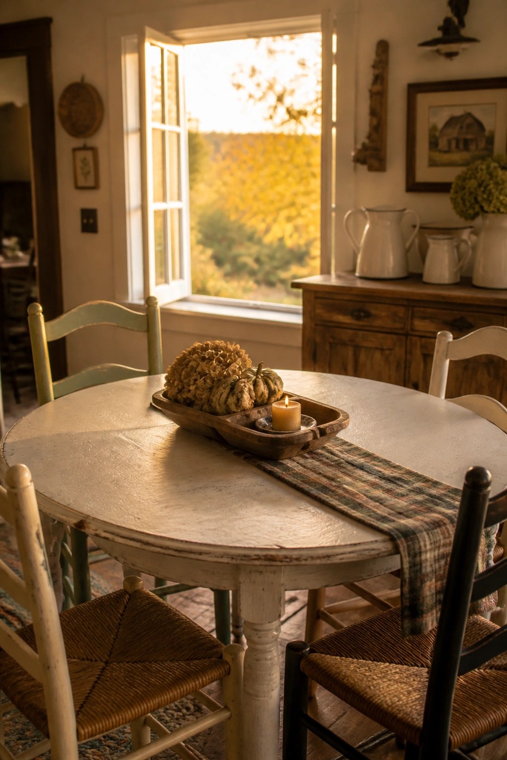 Round white dining table with a wooden tray holding dried hydrangeas, small gourds, and a lit candle on a plaid runner.