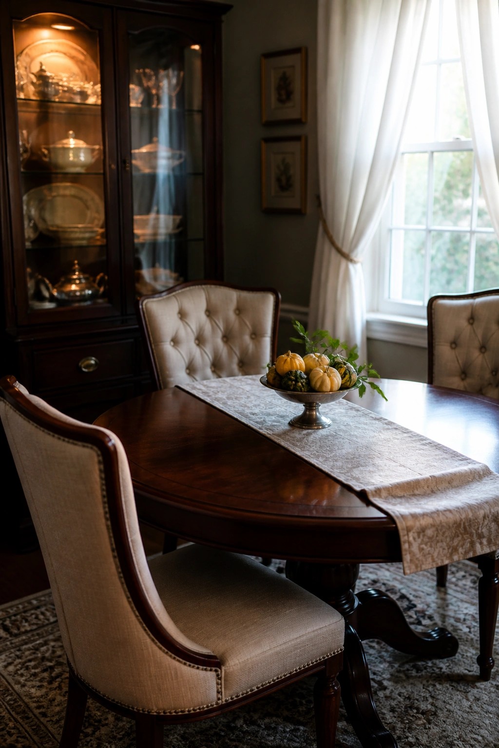 A round wooden dining table set with a narrow patterned runner and a small silver bowl of miniature pumpkins and gourds, surrounded by upholstered dining chairs in a room with a china cabinet.
