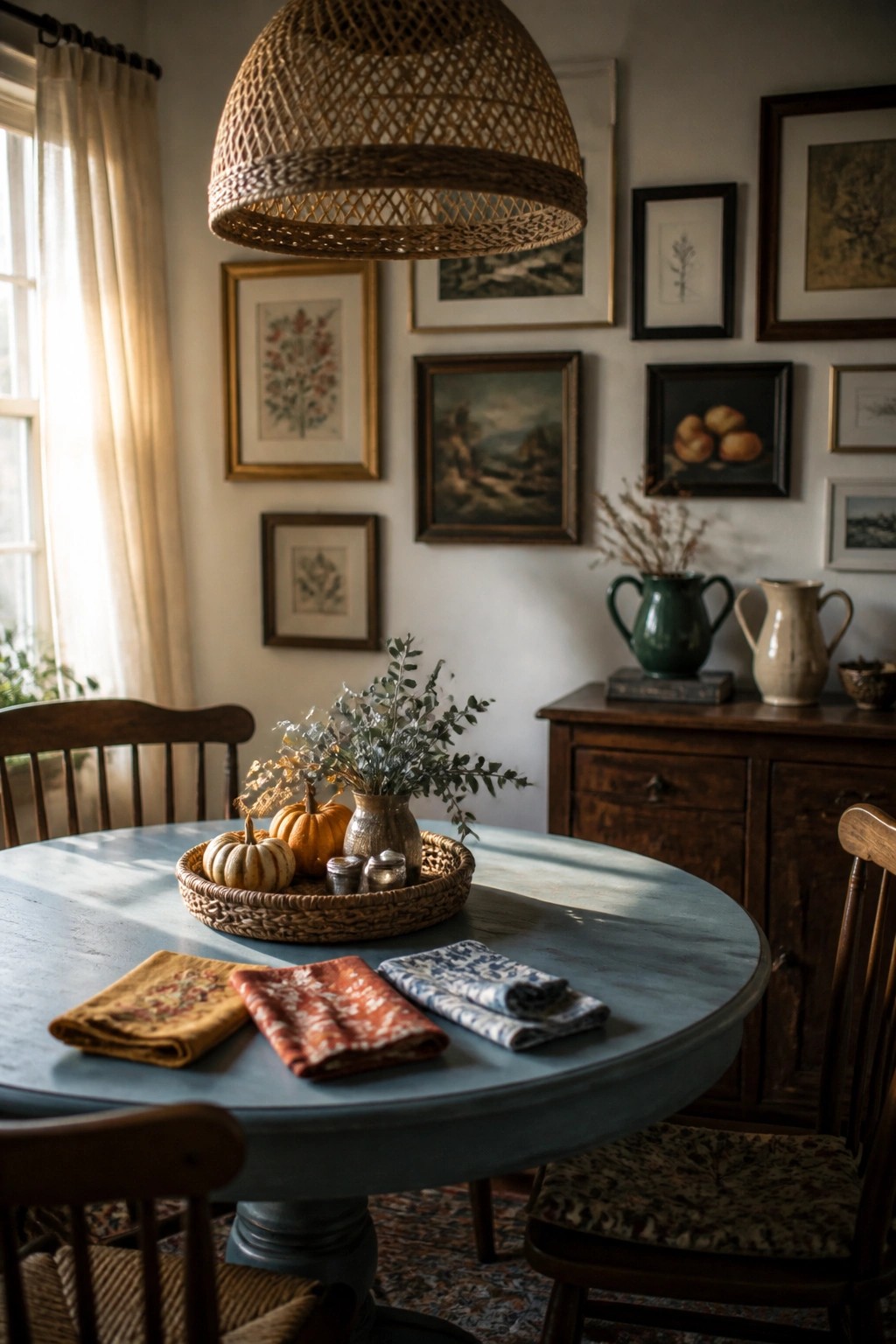 A round blue dining table holds a woven basket with small pumpkins and greenery as a centerpiece, with folded napkins and wooden chairs around it in a room with framed wall art.