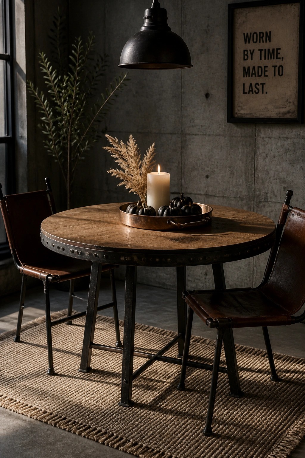 A round wooden dining table holds a metal tray with small black pumpkins, a lit white candle, and dried plants, with two leather chairs on a jute rug.