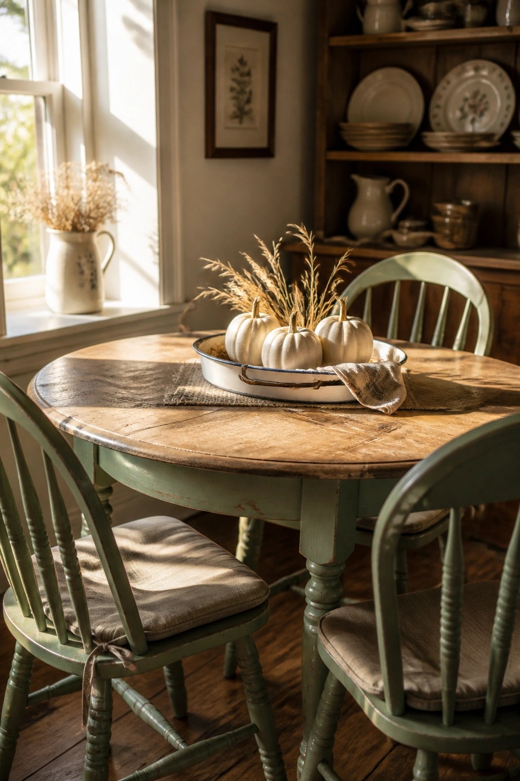 A round wooden dining table with green chairs holds a white enamel tray containing three small white pumpkins and dried grasses, set on a burlap runner near a window.