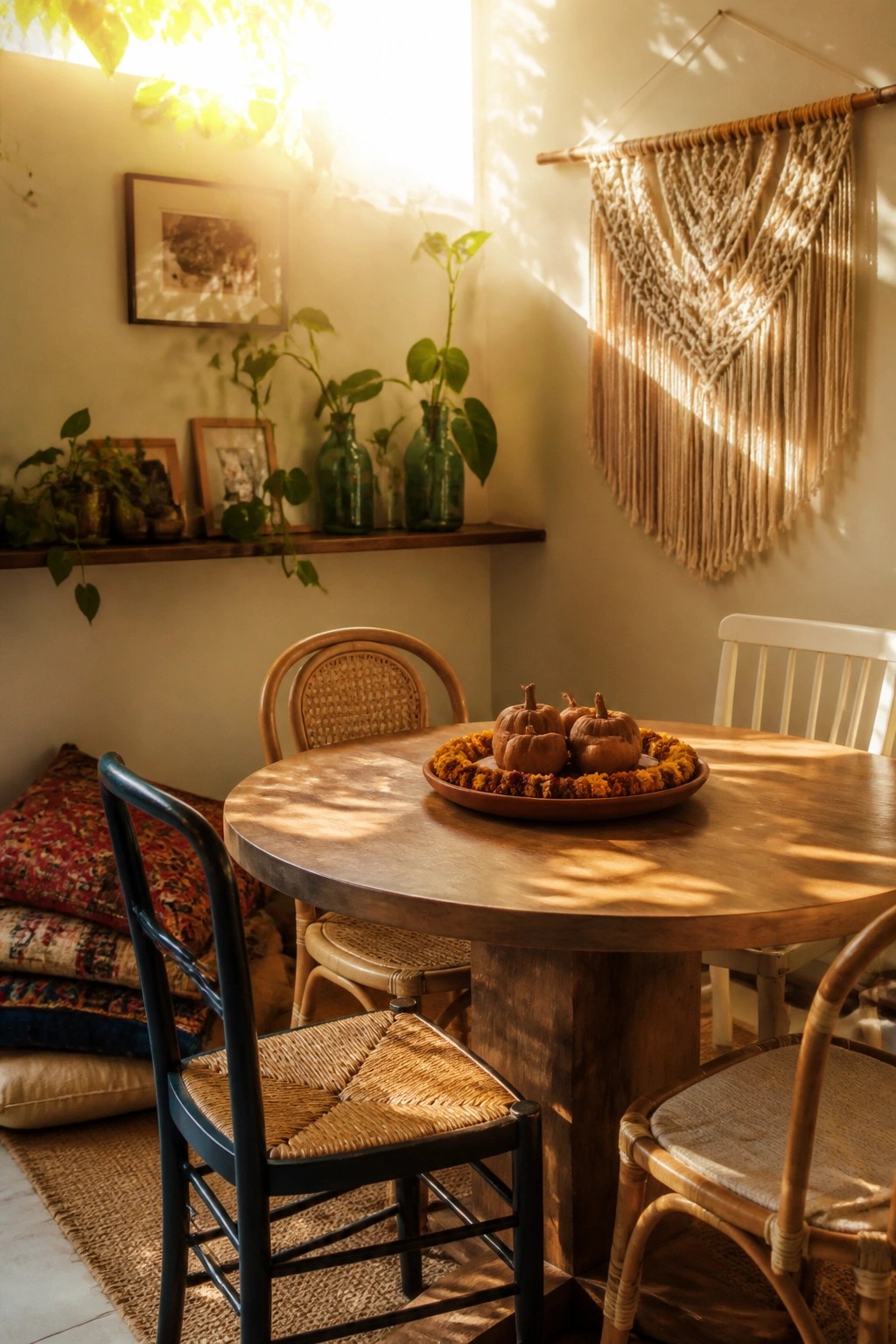 A round wooden dining table holds a low centerpiece of small pumpkins and marigolds on a tray, with mixed chairs around it in a bright room with plants and wall hangings.