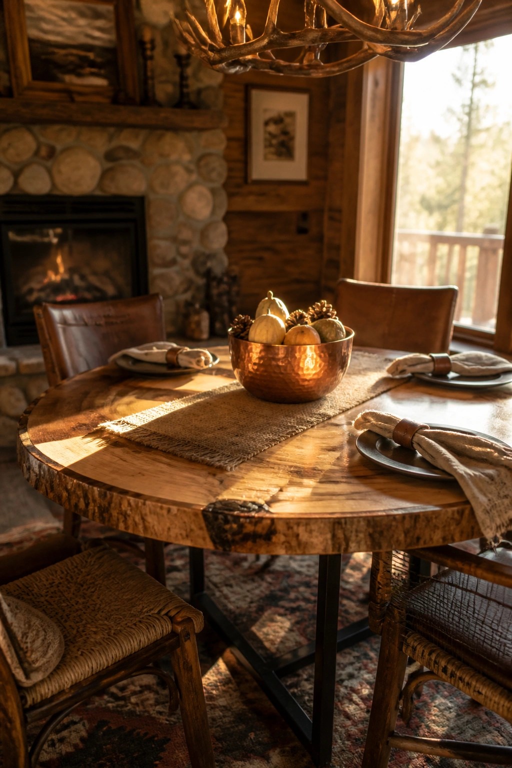 A round wooden dining table set with plates and napkins, featuring a hammered copper bowl holding small pumpkins and pinecones in a rustic room with a stone fireplace.