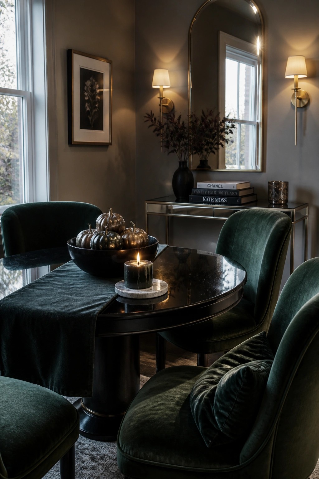 A round black dining table with green velvet chairs features a lit candle on a marble base and a bowl of metallic pumpkins as the centerpiece.
