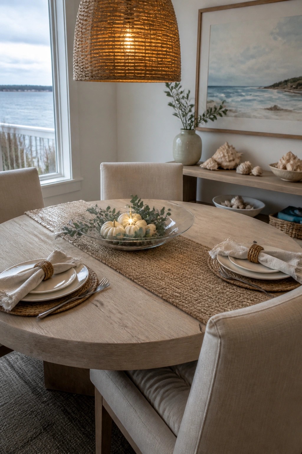 Round wooden dining table with a glass bowl holding small white pumpkins and greenery as a low centerpiece, set with woven placemats and napkins.