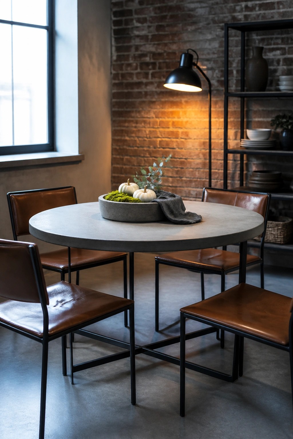 Round concrete dining table with four leather chairs and a low gray bowl holding small white pumpkins and moss as a centerpiece.