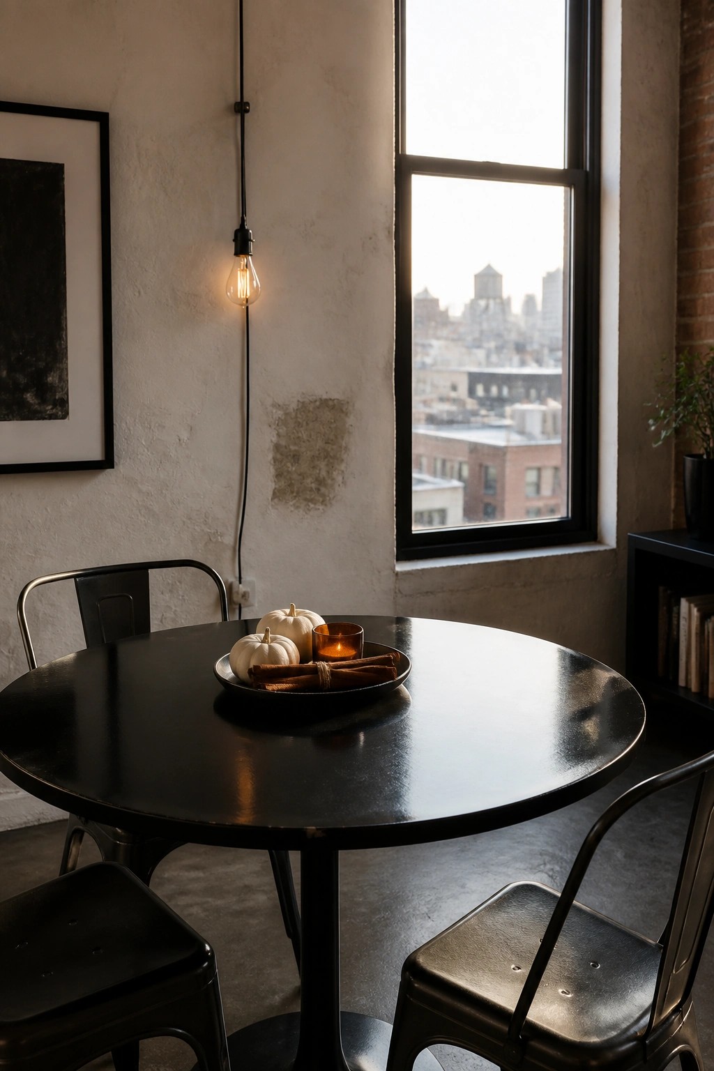 Black round table with white pumpkins and candle by large city-view window