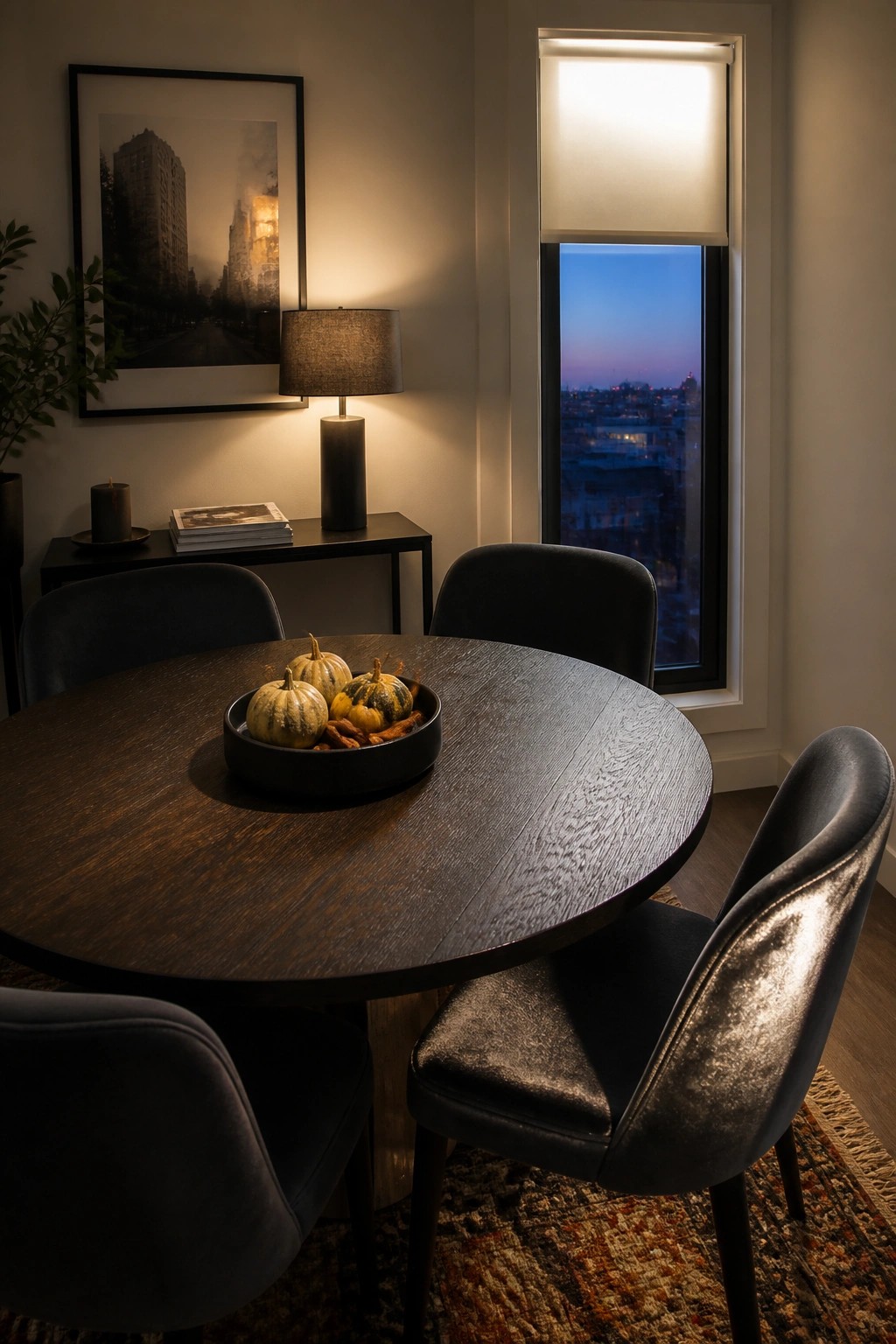 A round dark wood dining table with a black bowl of small pumpkins and gourds in the center, surrounded by four dark upholstered chairs in a room with a large window showing a city view at dusk.