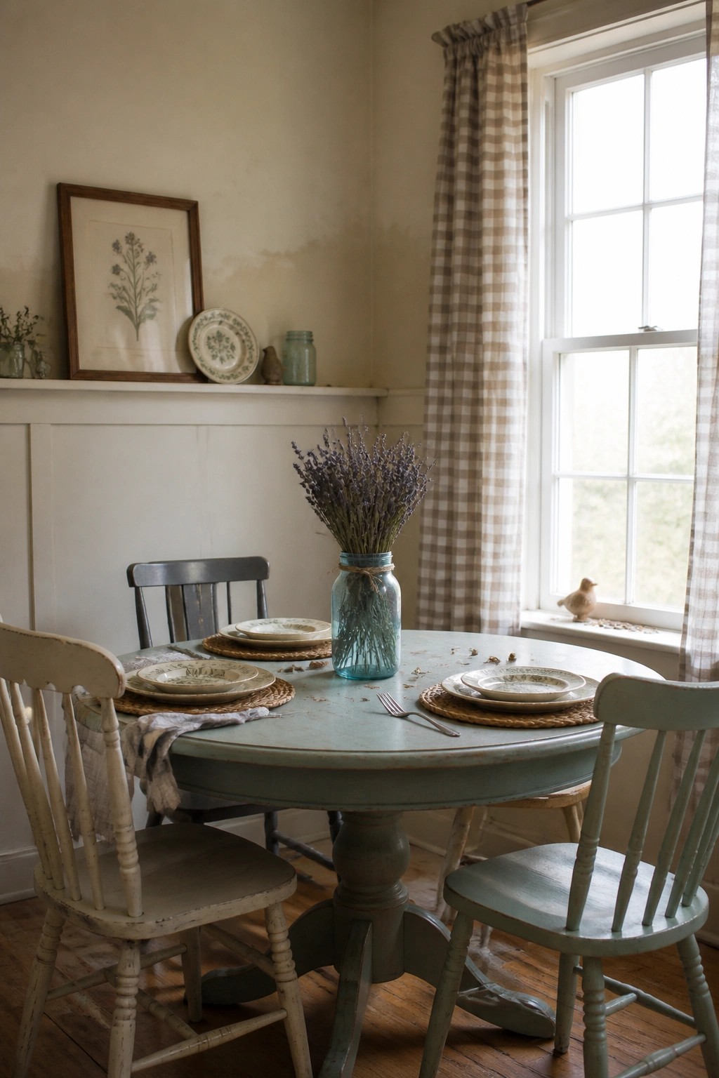 A round dining table with a blue glass jar of dried lavender as the centerpiece, surrounded by place settings and wooden chairs in a room with white wainscoting and a window.