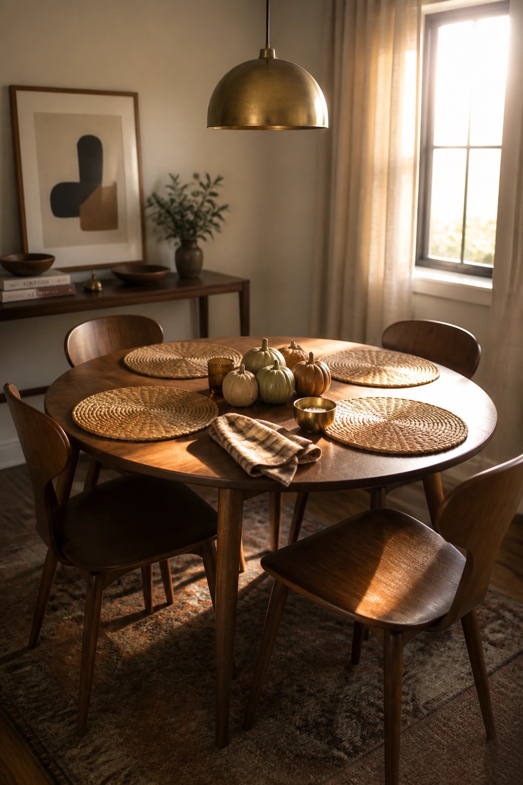 A round wooden dining table with woven placemats, wooden chairs, and a small centerpiece of pumpkins under a brass dome pendant light.