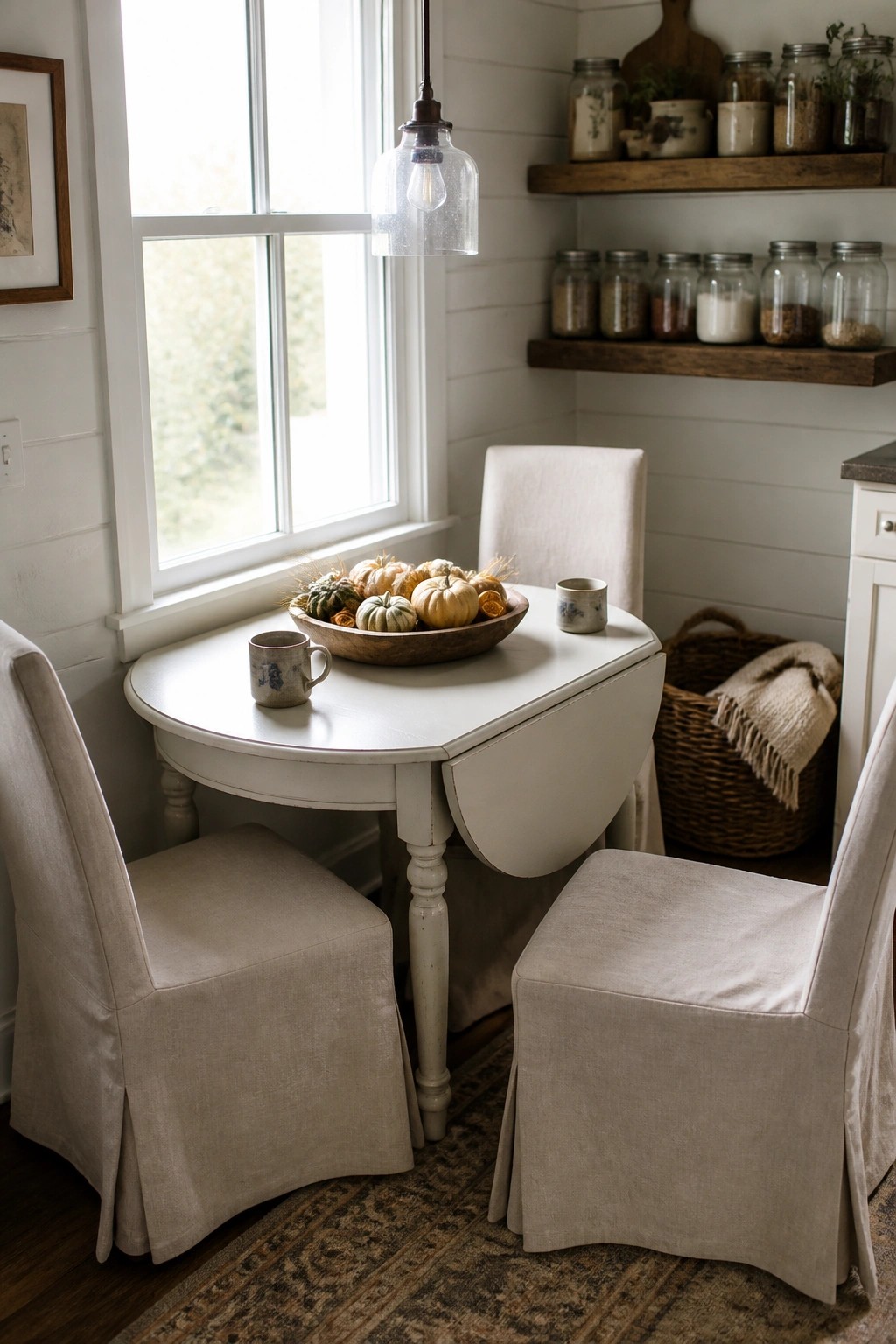 A small white drop leaf round table holds a wooden bowl of small pumpkins and two ceramic mugs, placed between two slipcovered chairs in a bright corner nook.