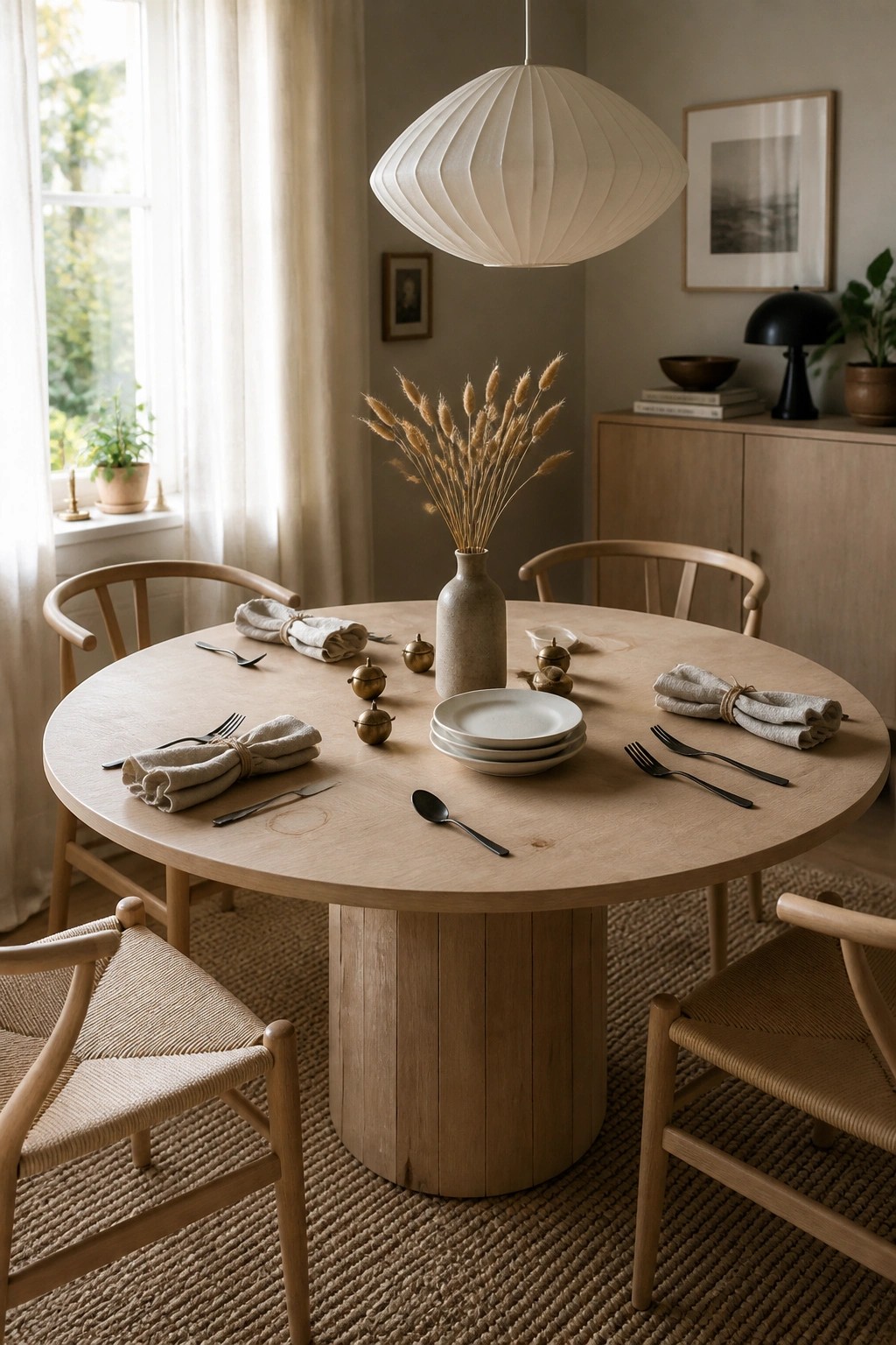 A round wooden dining table with a central ceramic vase holding tall dried grasses, surrounded by stacked plates, black cutlery, and rolled linen napkins in a neutral dining room.