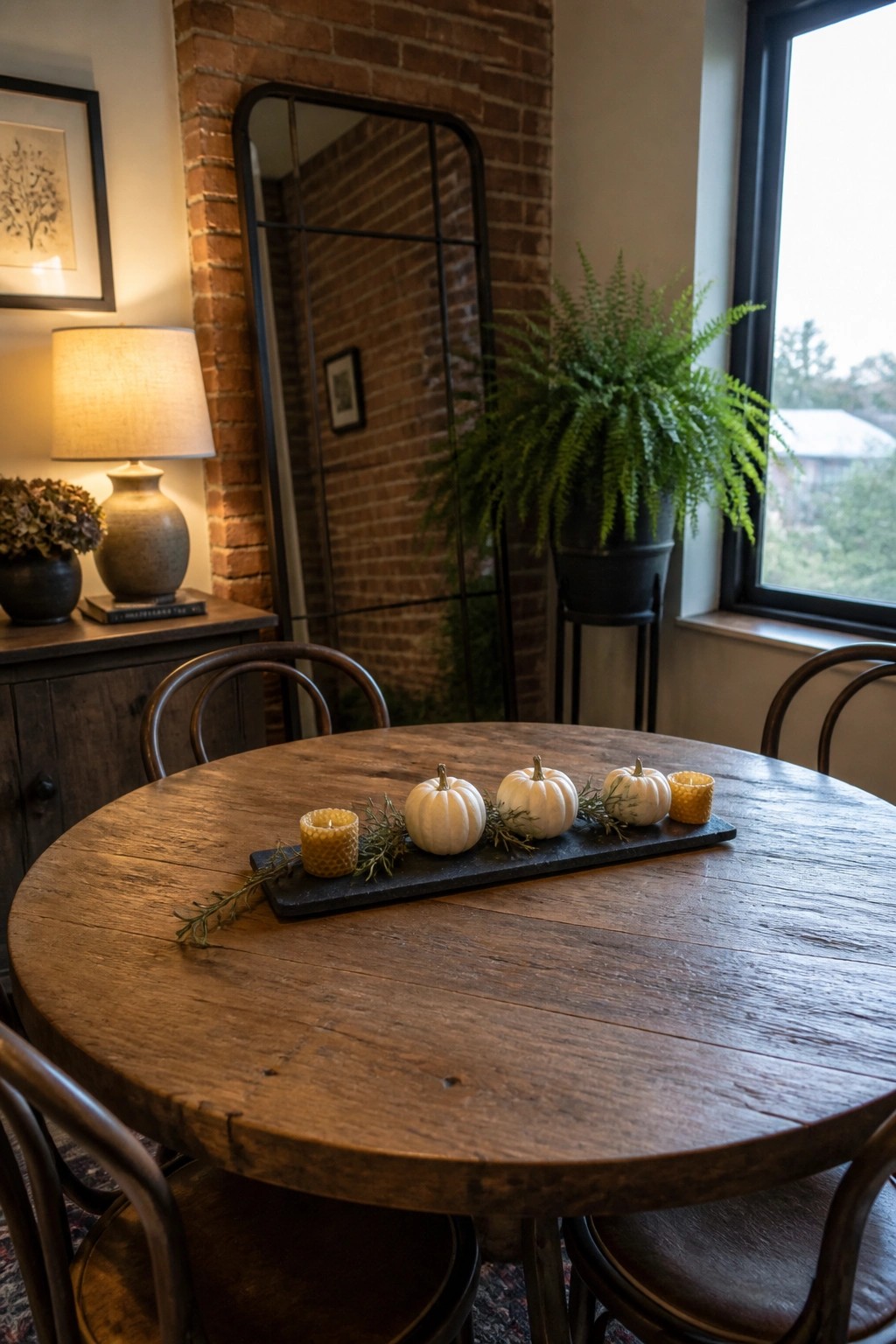 A round wooden dining table set with a long black tray holding three small white pumpkins, two lit candles, and greenery as a fall centerpiece.