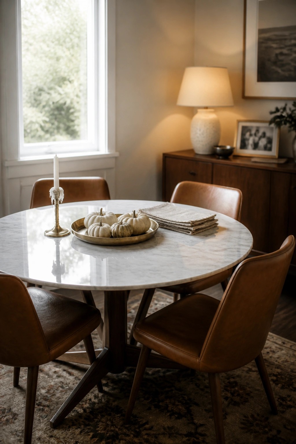 A round marble dining table with brown leather chairs holds a brass tray containing several small white pumpkins and a brass candle holder.