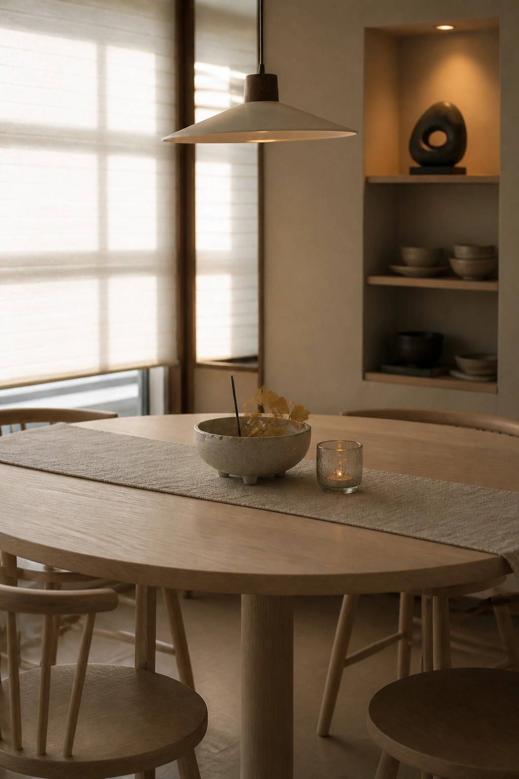 A round wooden dining table set with a linen runner, a low ceramic bowl holding dried foliage, and a small lit candle.