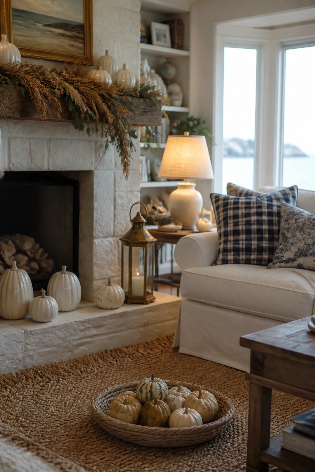 A white brick fireplace mantel decorated with white pumpkins and dried grasses, with additional pumpkins on the hearth and a basket of small pumpkins on a woven rug nearby.
