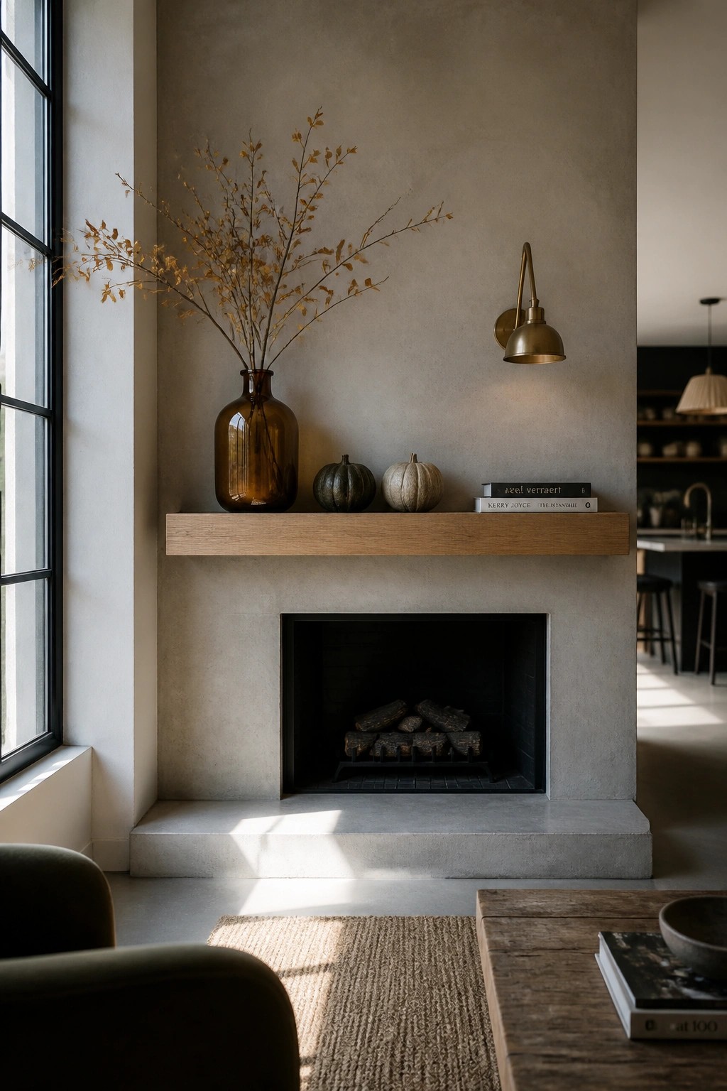 Modern concrete fireplace with oak mantel, amber vase, pumpkins, books, and brass sconce.