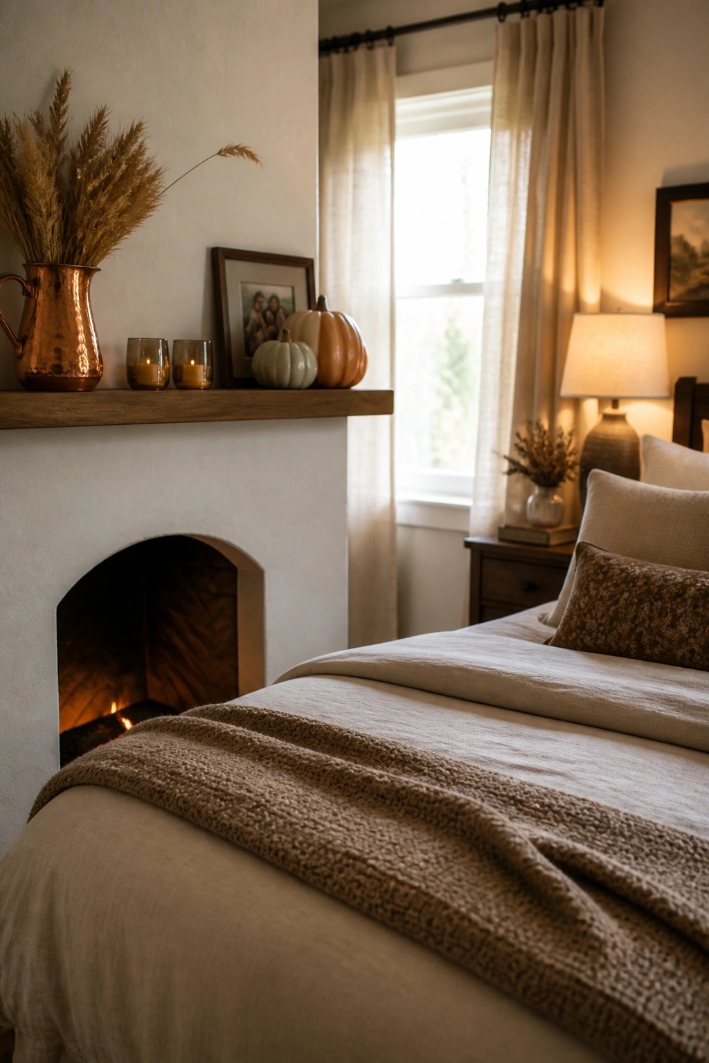 A white fireplace with a wooden mantel shelf holding dried grasses in a copper pitcher, two candles, a framed photo, and two small pumpkins.
